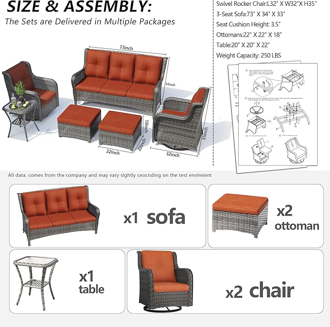 Wicker Patio Furniture Set 6 Piece Set with 1 Three-Seat Sofa, 2 Swivel Glider Chairs, 2 Ottomans and 1 Side Table, Outdoor Furniture Patio Conversation Sets(Mixed Grey/Orange)