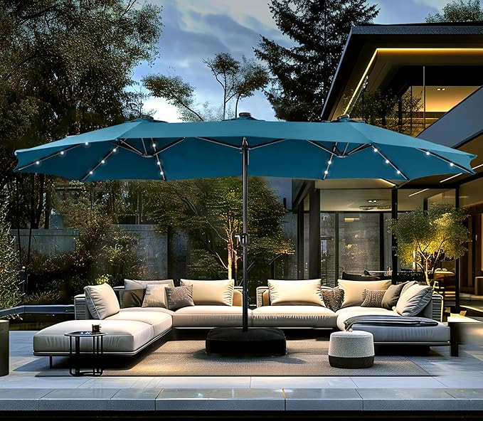 PHI VILLA 15ft Large Patio Umbrella with Solar Lights, Double-Sided Outdoor Market Rectangle Umbrellas with 36 LED Lights, Umbrella Base (Stand) Included, Cyan