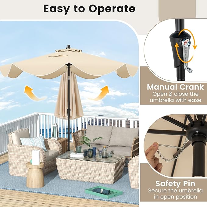 HAPPYGRILL 9 FT Patio Umbrella with Ruffled Edges, Outdoor Table Umbrella with Push Button Tilt, Crank, 8 Ribs, Heavy-Duty Market Sunshade for Yard Garden Pool