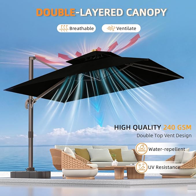 9' X 12' Cantilever Outdoor Patio Umbrellas Double Top Large Rectangle Umbrella Heavy Duty 360°Rotation Offset Umbrella for Garden Deck Pool Patio, Black
