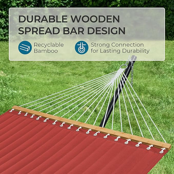 SUPERJARE Hammock with Stand, 2 Person Quilted Outdoor Hammock, Detachable Pillow & Bamboo Spreaders, Portable Hammock with Carrying Bag, Heavy Duty Stand, Perfect for Outside, Patio, Burgundy