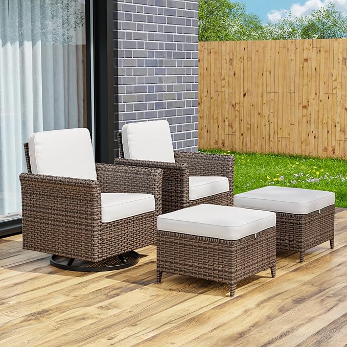 COOS BAY Harbor Retreat 4 Piece Outdoor Furniture Set, Patio Conversation Set with Swivel Rocking Chairs and Ottomans, Wicker Furniture, Brown/Beige