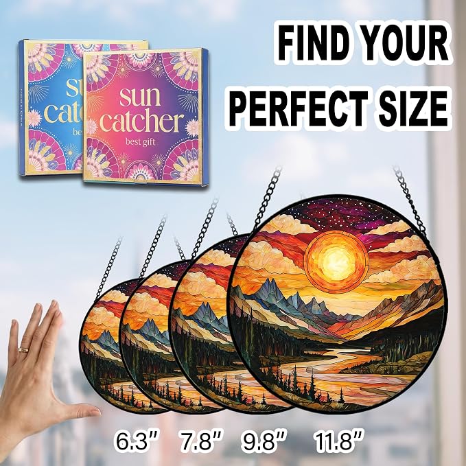Birthday Gifts for Women - Sunset Mountains River Faux Stained Glass Window Hanging Sun Catcher for Door Garden Acrylic Decor Mother's Day Christmas for Mom Nana Men Grandma Wife 7.8"