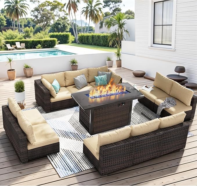 Patio Furniture Set 11 Pieces with 44" Fire Pit Table, Rattan Outdoor Sectional Conversation Sets, All Weather Outdoor Furniture Set with Cushions for Garden Lawn Balcony Porch Deck Beige
