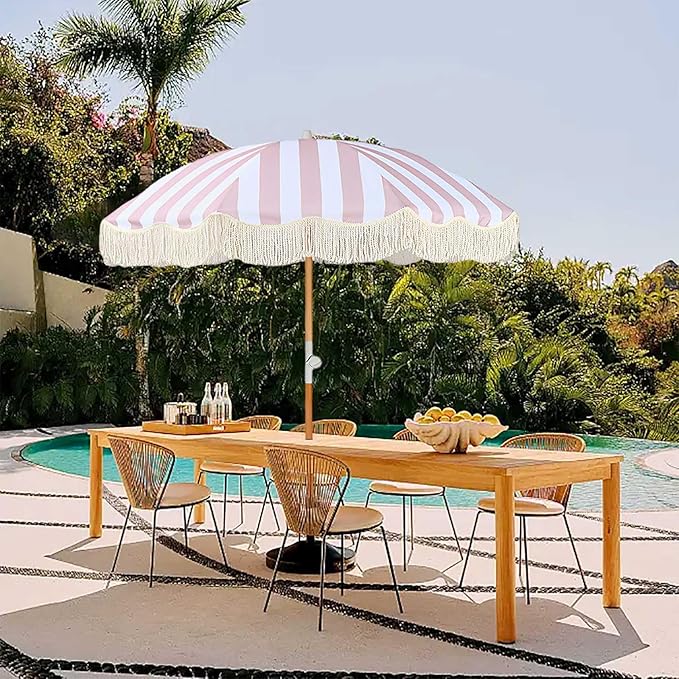 6ft Portable Beach Umbrellas For Sand Pink Striped Boho Fringe Umbrella Outdoor Patio Umbrella Tilt UV Protection Waterproof Pool Umbrella with Storage Bag Backyard Umbrellas For Patios Outside