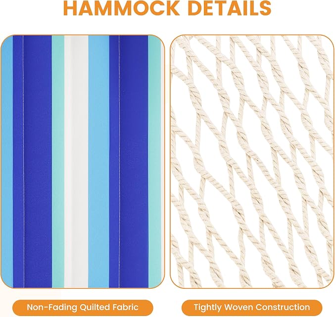 Lazy Daze Hammocks Rope Hammock with Pad, Spreader Bar, Carabiners, Tree Straps, Chains for Outside Patio- Max 450 Lbs, Ocean Stripes
