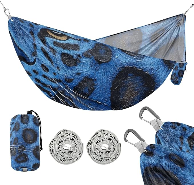Blue Leopard Skin Texture 330lb Capacity Camping Hammock with Tree Straps Rope Hammock for Outside Camping Essentials hamacas para adultos con soporte
