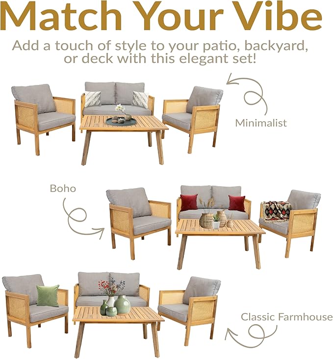 Sunnydaze Acacia 4-Piece Patio Furniture Set - Sanibel Patio Conversation Set - Outdoor Seating Lounge Furniture - Gray
