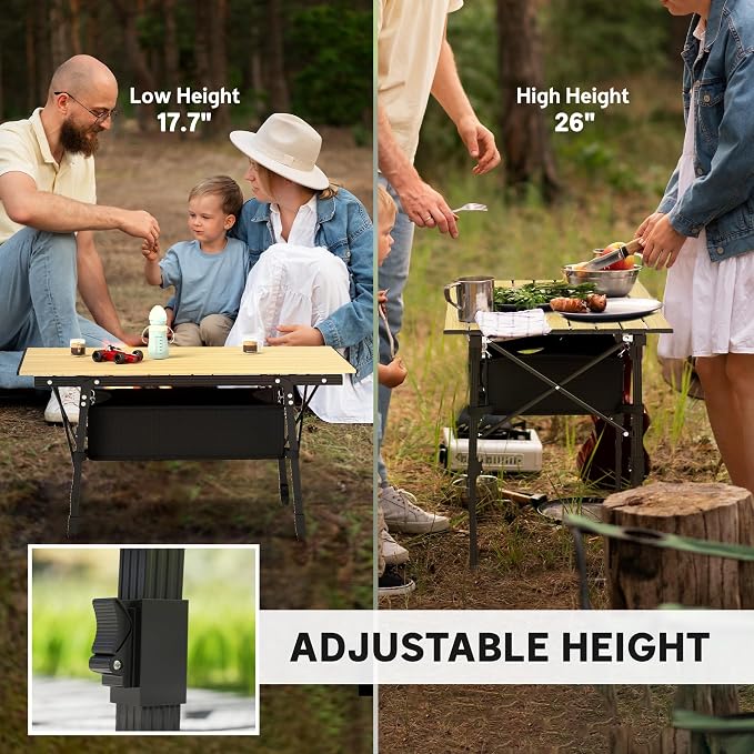 Outsunny 3ft Portable Camping Table with Storage Bag, Adjustable Height Aluminum Small Folding Table, Lightweight Picnic Table with Carry Bag for Outdoor Picnic BBQ Backyards Beach, Brown