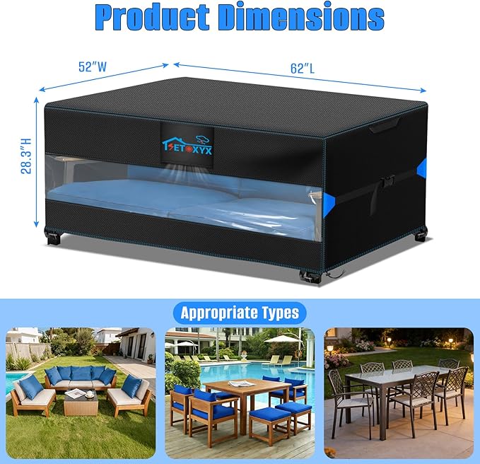 Outdoor Dining Table Cover, Translucent Rectangle Patio Dining Table Cover, 600D Oxford Waterproof Outside Table Covers Furniture Covers (62.2"L x 52"W x 28.3"H)