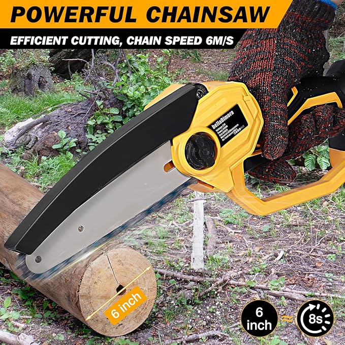 bellaDimora Cordless 6-Inch Mini Chainsaw for DeWalt 20V MAX Battery, Pure Copper Motor 17000 RPM, One-Handed, Cuts 6-Inch Branches, Dual Safety - Tree Trimming & Yard (No Battery)