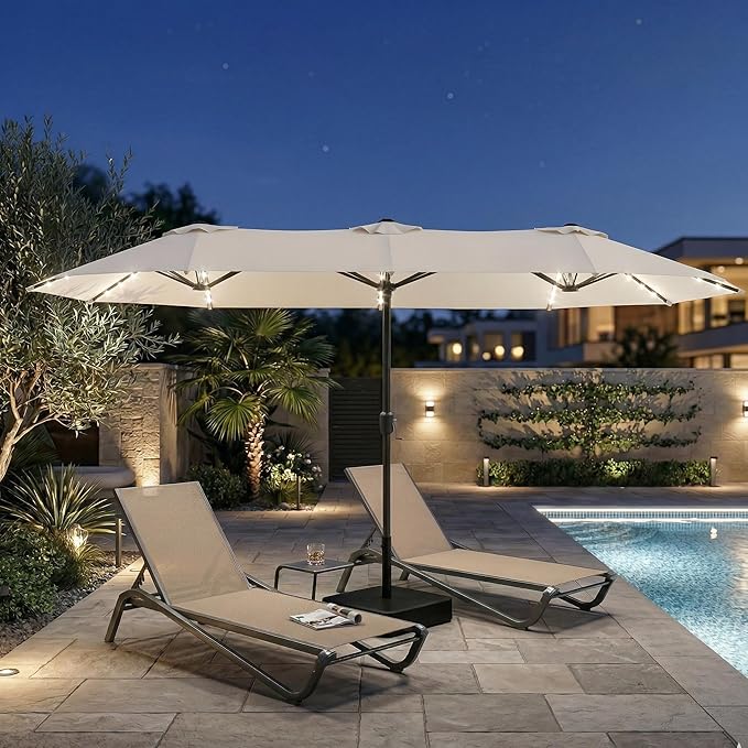 15FT Large Outdoor Patio Umbrella with Solar Lights and Base, Double-Sided Table Umbrellas with 48 LED Lights, Rectangle Market Umbrella for Pool, Deck, Backyard