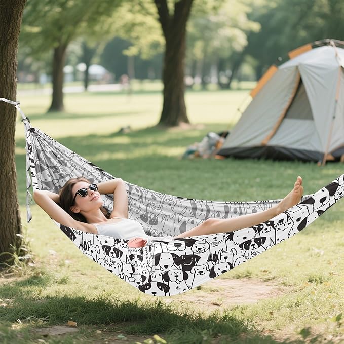 Camping Hammock Outdoor Hammocks for Outside Doodle Dogs Line Art Beach Trees Portable Lightweight with Pockets Tree Straps Indoor