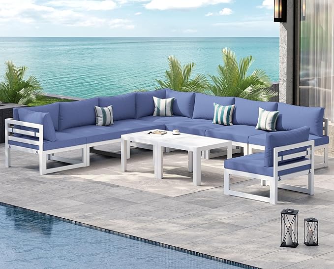 NICESOUL 10 Piece Oversized Modular Aluminum Outdoor Furniture Set with Coffee Table, 29" Deep Wide Sectional Seating, 500 lbs High Weight Capacity Patio Conversation Set for Garden Lawn, Denim Blue