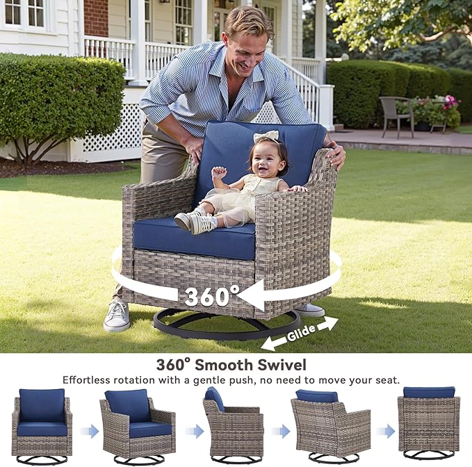 12 Piece Patio Furniture Set-High Back Outdoor Furniture Set Sectional Sofa with Wicker Swivel Patio Chairs,Comfy Cushions Ottomans for Porch Balcony Patio Deck Grey/Blue