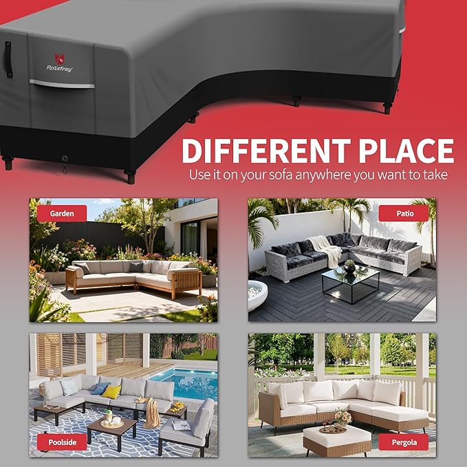 Rosefray 600D Outdoor L-Shaped Sectional Cover,Heavy Duty Anti UV Patio Sectional Sofa Cover with Air Vent, Waterproof Furniture Covers for Deck, Lawn,Backyard Right Facing 105''x85'' Black Gray