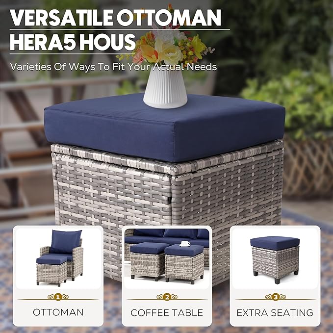 FHFO 5 Pieces Outdoor Patio Sectional Furniture Set, Wicker Patio Conversation Sofa Couch Set with Ottomans Rattan Chair and Table for Outside, Garden,Grey-Blue