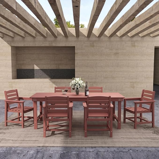 7-Piece Outdoor Dining Set for 6,Terracotta | HDPE table, chairs included, umbrella hole design, weather-resistant furniture, perfect for backyard, deck, garden