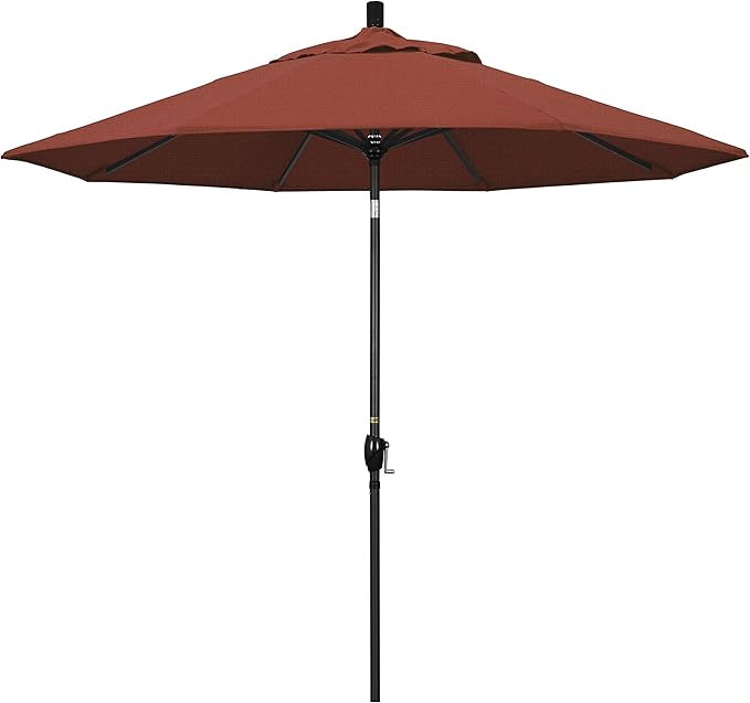 California Umbrella 9' Round Aluminum Market Umbrella, Crank Lift, Push Button Tilt, Black Pole, Terracotta Olefin