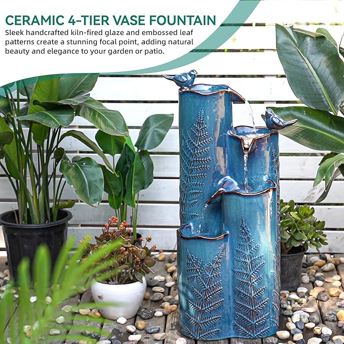 32" Outdoor Water Fountain, Ceramic Outdoor Fountain, Stacked 4-Tier Vase Waterfalls for Garden, Patio, Yard, or Porch Decor, Creating Relaxing Serene Oasis, Embossed Leaf Pattern, Turquoise