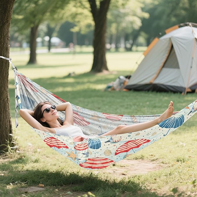 Camping Hammock Outdoor Hammocks for Outside Seashells Starfish Seagulls Beach Trees Portable Lightweight with Pockets Tree Straps Indoor