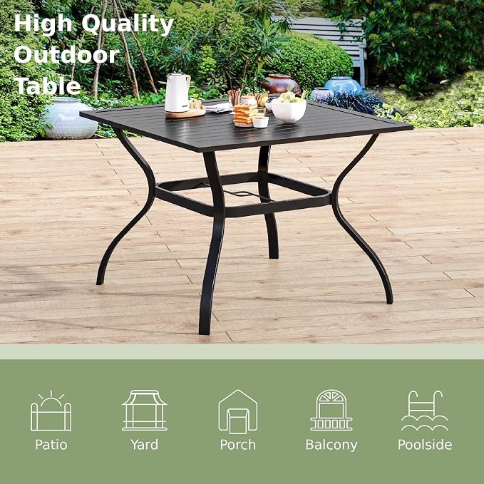 PHI VILLA 37" Metal Steel Slat Patio Dining Table Square Backyard Bistro Table Outdoor Furniture Garden Table, 1.57” Umbrella Hole, Black