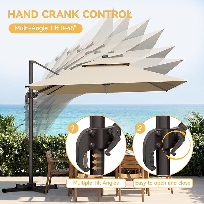 10x13 FT Patio Cantilever Umbrella (Base Not Included) (Base Not Included), Rectangular Heavy Duty Offset Umbrella for 8-10 People, 360°Rotation & Mult Tilt, Double Top Design, for Pool Garden Deck (Beige)