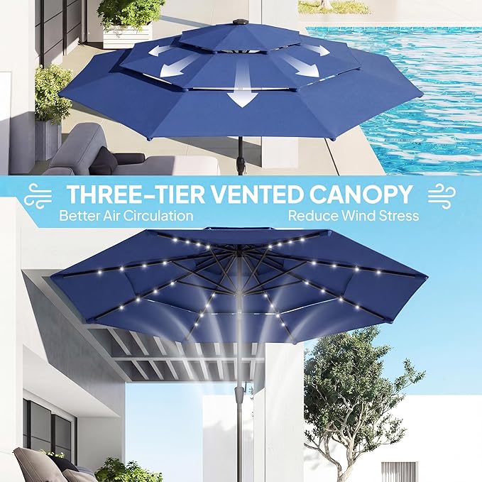 Outsunny 9.7 ft Outdoor Patio Umbrella with 32 Solar LED Lights, 3 Tier Outdoor Table Market Umbrella with Tilt and Crank, 8 Ribs for Garden, Deck, Yard, Poolside