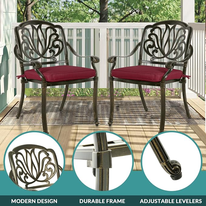 MEETWARM 9-Piece Outdoor Furniture Dining Set for 8, All Weather Cast Aluminum Patio Dining Set- Large 64" Square Table with Umbrella Hole and 8 Cushioned Chairs, Patio Table and Chairs Set, Red