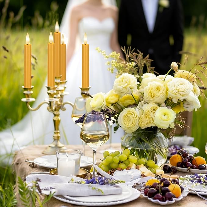 Yellow Flameless Taper Candles with Remote, 6.4" Battery Operated LED Candles, Flickering Flameless Candlesticks for Table Centerpieces, Wedding, Farmhouse, Dinner Decor, Set of 6