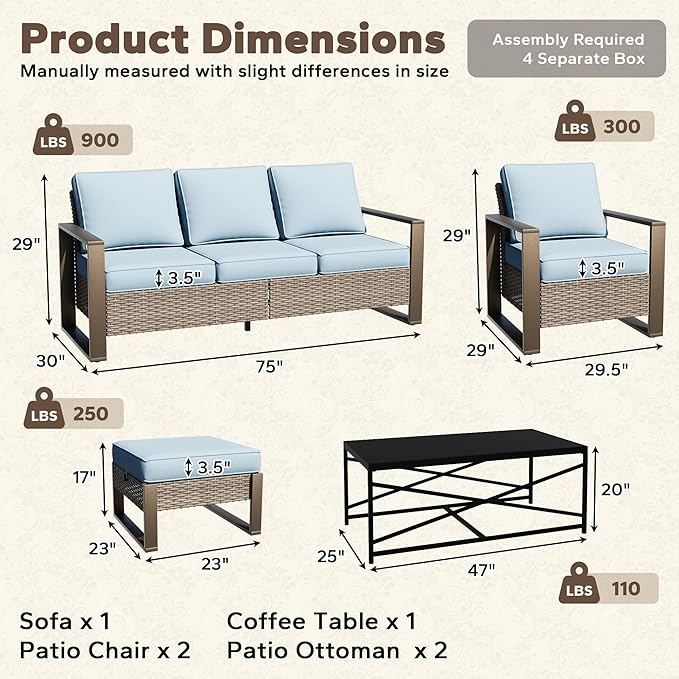 6 Pieces Metal Wicker Patio Furniture Set - 75" Sofa, 2 Armchairs and 2 Ottomans, 1 Coffee Table All Weather Rattan Outdoor Conversation Furniture with Washable Cushion for Deck Porch, Baby Blue