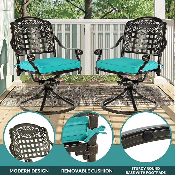 MEETWARM 9-Piece Outdoor Patio Dining Set, All Weather Cast Aluminum Patio Funiture Table and Chairs Set- 94.5” Rectangular Table and 8 Cushioned Swivel Rocker Chairs, Umbrella Hole, Ocean Blue