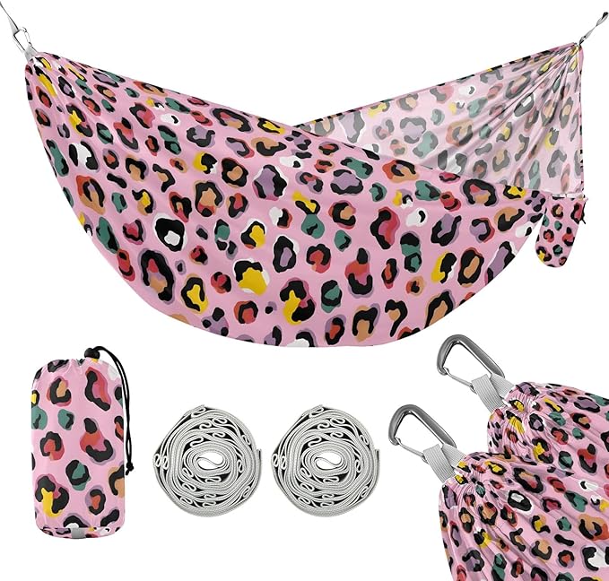 Camping Hammock Outdoor Hammocks for Outside Pink Colorful Leopard Cheetah Beach Trees Portable Lightweight with Pockets Tree Straps Indoor