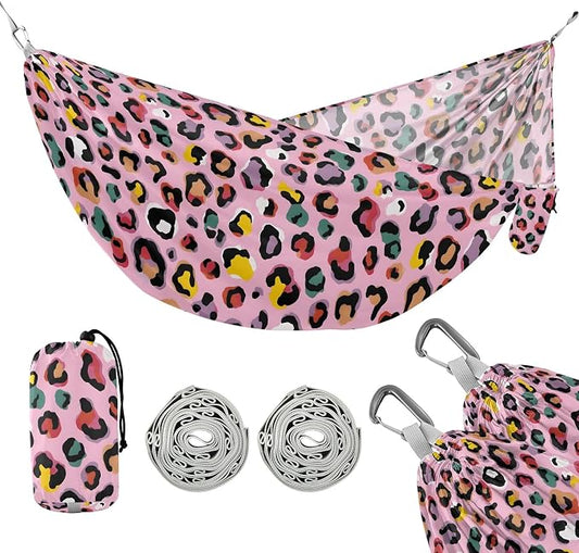 Camping Hammock Outdoor Hammocks for Outside Pink Colorful Leopard Cheetah Beach Trees Portable Lightweight with Pockets Tree Straps Indoor