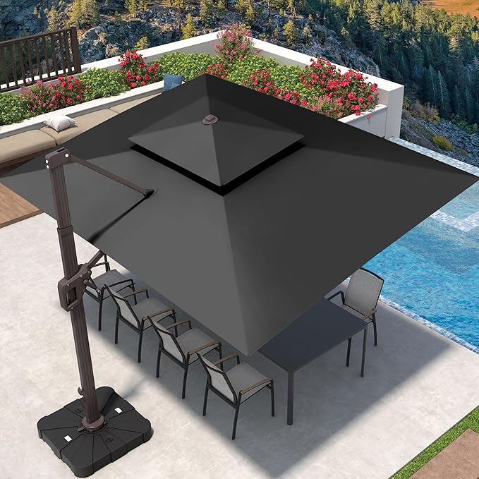 Deconk 9' X 12' Patio Umbrella with LED Lights Outdoor Cantilever Large Rectangle Offset Umbrellas Heavy Duty Aluminum Double Top with 360-degree Rotation for Pool Garden Deck, Grey