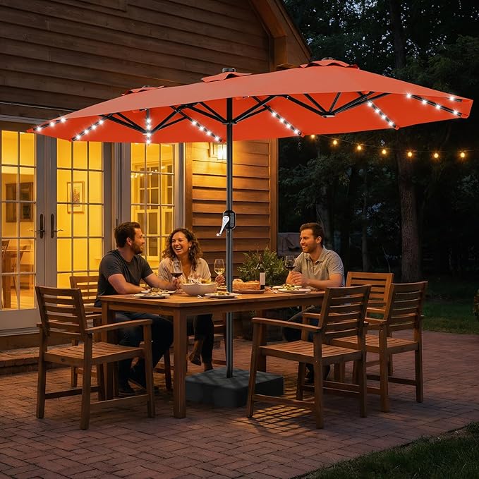 AreShark 13 FT Patio Umbrella with Solar Lights, Double-Sided Outdoor Table Umbrellas with Crank, Large Rectangular Market Umbrella for Porch, Lawn, Pool, Backyard, Orange