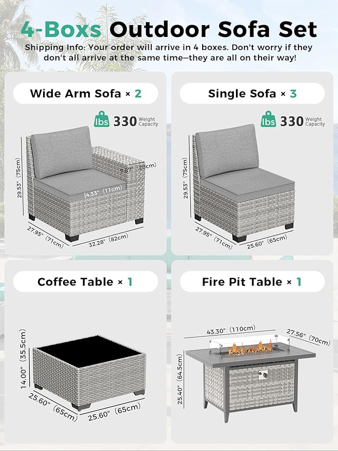 7 Piece Outdoor Wicker Rattan Sectional Sofa Set with Fire Pit Table, 5-Seats Conversation Set with 4" Thickened Cushions & Coffee Table, All-Weather PE Rattan for Garden, Backyard, Porch, Grey