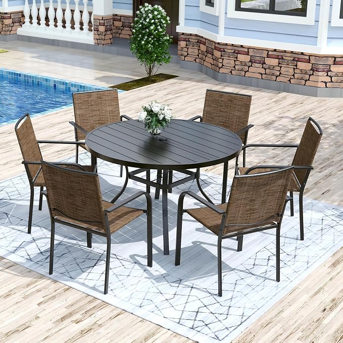 Anmutig 7 Piece Patio Dining Set 48 Inch Round Table Stackable Chairs Brown | Powder-Coated Steel Frame, Quick-Dry Textilene Mesh, Dual-Size Umbrella Hole, Weather Resistant, Patio, Garden, Backyard