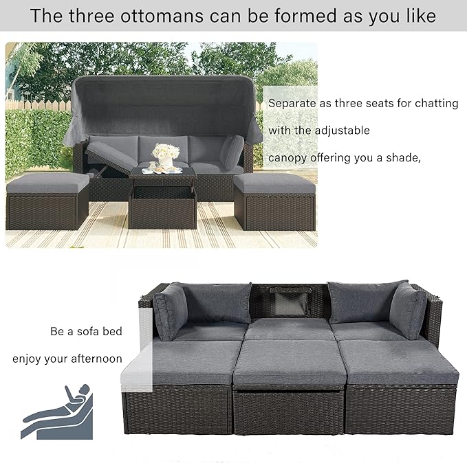 Bellemave Outdoor Daybed with Canopy Patio Furniture Set Wicker Rattan Outdoor Sofa Couch Nautica Backyard Sun Lounger Patio Conversation Set for Porch Garden Poolside, Gray
