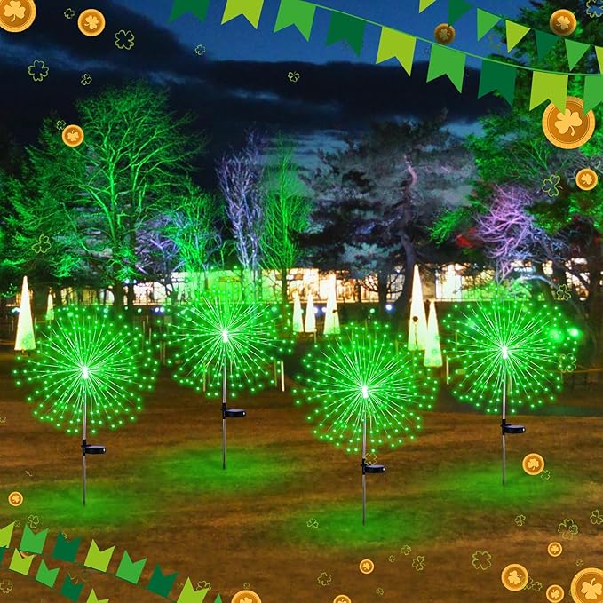 Tujoe 4 Pcs St Patricks Day Solar Lights Solar Firework Lights Decoration 180 LED 8 Modes Waterproof LED Stake Sparkler Decor for Irish Walkway Pathway Driveway Garden Patio Yard Lawn(Green)
