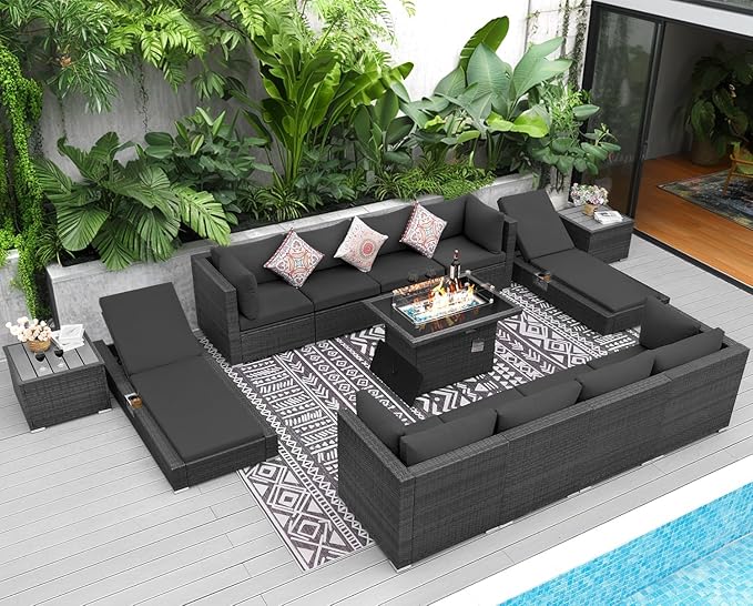 NICESOUL 13 Piece Outdoor Seating with Fire Pit Table, High-End Wicker Patio Furniture Set with Chaise Lounge, Comfy 29.3'' High Back Deep Sectional Sofa, All-Weather Backyard Sitting Area, Dark Grey