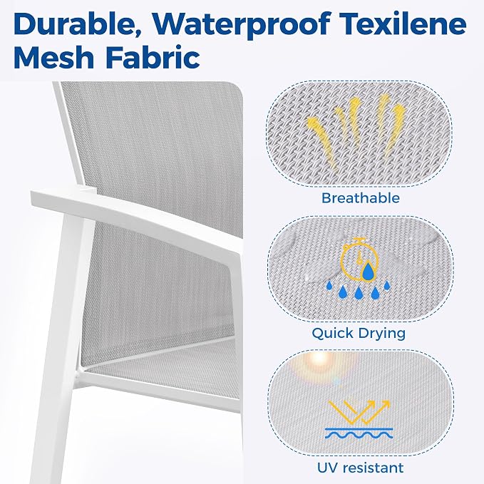 Wisteria Lane Outdoor Patio Dining Set, 5 Piece Aluminum Modern Outdoor Table and Chairs Set for 4, Metal Expandable Patio Table & 4 Stackable Textilene Chairs for Balcony Deck Backyard, White