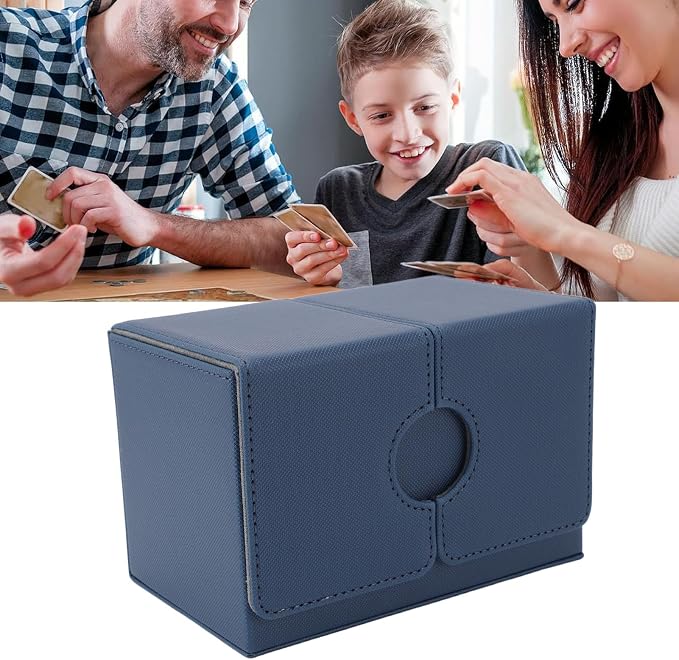 EVGATSAUTO PU Leather Card Deck Box with Detachable Dice Tray, Storage Case Holds 200+ Collectible Cards for CCG Gaming Accessories (Dark Blue)