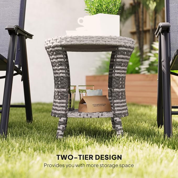 Outsunny 18" Outdoor Wicker Coffee Table, 2-Tier Patio Side Table with Storage, PE Rattan End Table with Composite Wood Top, Steel Frame for Garden Backyard Balcony, Mixed Gray