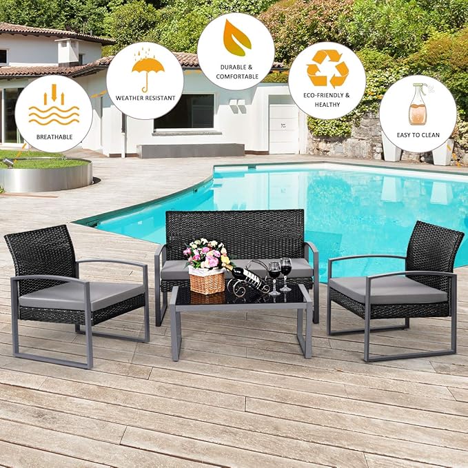 Tangkula 4 PCS Outdoor Patio Furniture Rattan Wicker Conversation Set, As pic