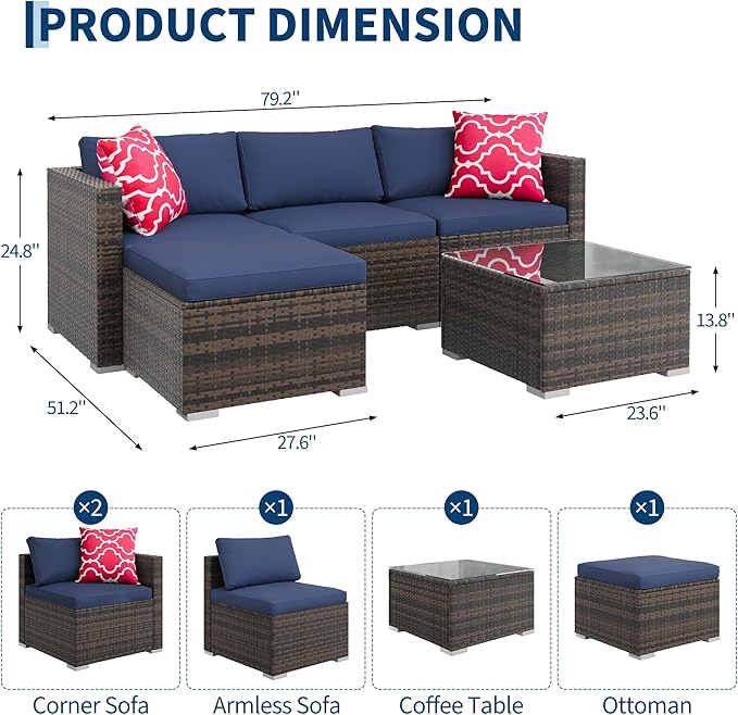 5-Piece Outdoor Sectional Sofa Set, All-Weather PE Rattan Patio Furniture with Ottoman & Tempered Glass Table, Convertible Garden Couch for Backyard, Porch, Poolside (Brown/Navy Blue)