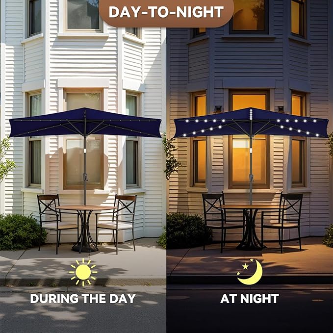 FLAME&SHADE 9 FT Solar Half Patio Umbrella with 25 LED Lights, Half Outdoor Umbrella with Button Tilt, Half Round Table Umbrella For Deck, Backyard, Balconies, Decks, Rvs, UV Protection (Navy Blue)