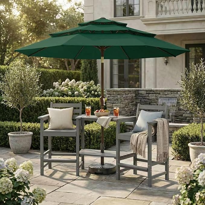 Kingdura 10ft 3-Tier Patio Umbrella, Outdoor Table Umbrella with Easy Crank & Tilt, 8 Reinforced Ribs, UV Protection for Deck, Pool, Market, Backyard (Dark green)