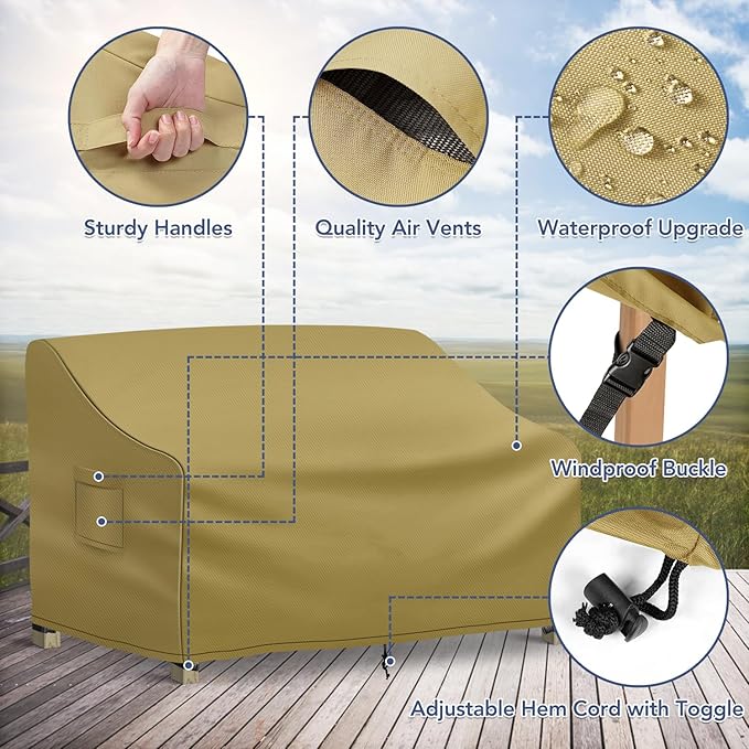 Richwon Outdoor Couch Cover Waterproof, 3-Seater Outdoor Sofa Cover, Patio Furniture Covers with Air Vent and Handles, 79W x 37D x 35H Inches, Khaki