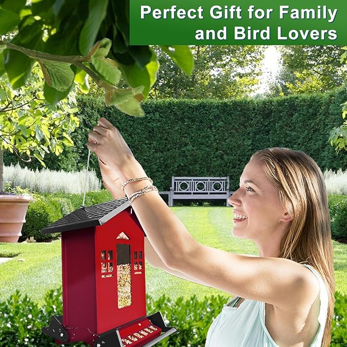 Squirrel Proof Bird Feeder for Outdoors, 6LBS Large Hanging Bird Seed Feeders for Outside, Weight-Activated Perches Metal Wild Birdfeeder for Blue Jay, Cardinal (Red)